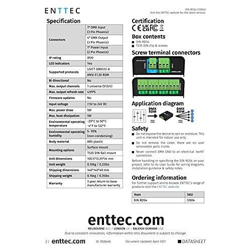 Enttec DIN RDS4 mk2 72004 4 Port DMX / RDM DIN Rail Isolated Splitter Black