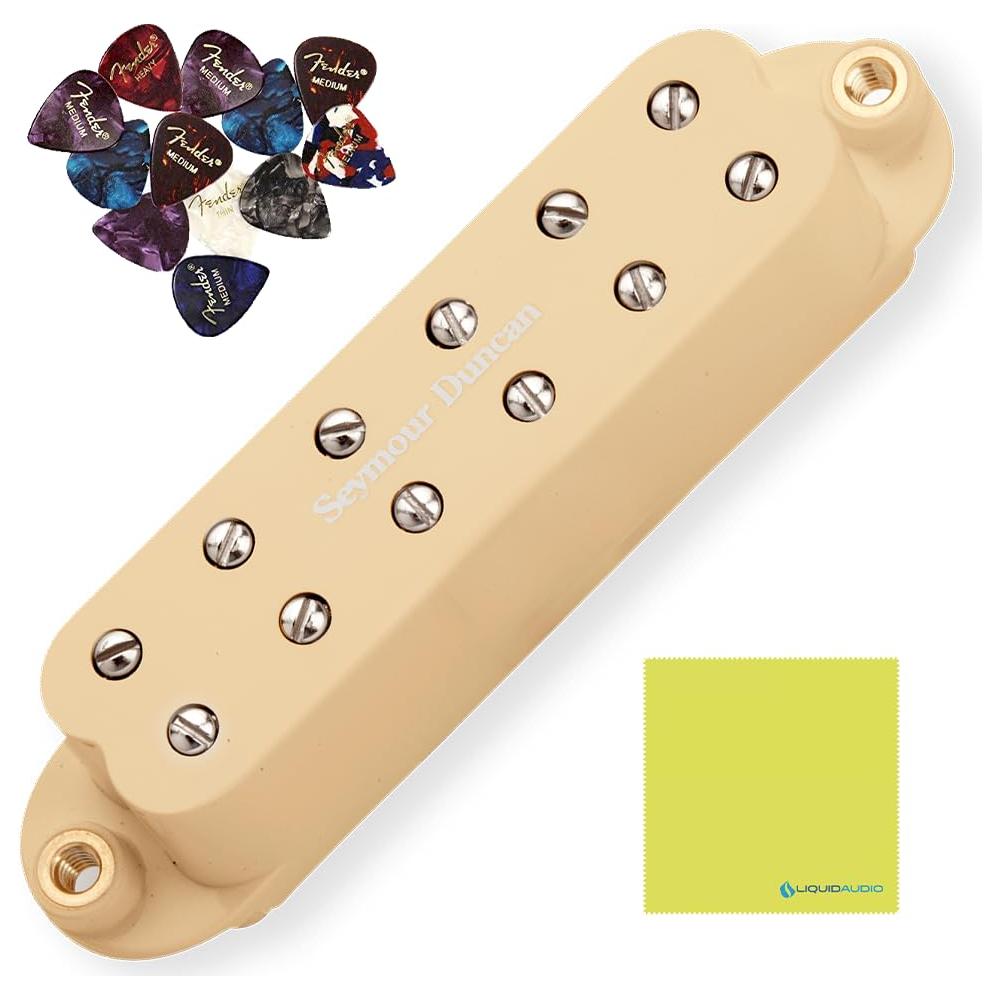 Seymour Duncan 11205-16-C JB Jr.™ Strat High Output Single Coil Sized Humbucker Cream Pickup Bundle w/ 12x Fender Guitar Picks, and Liquid Audio Polishing Cloth