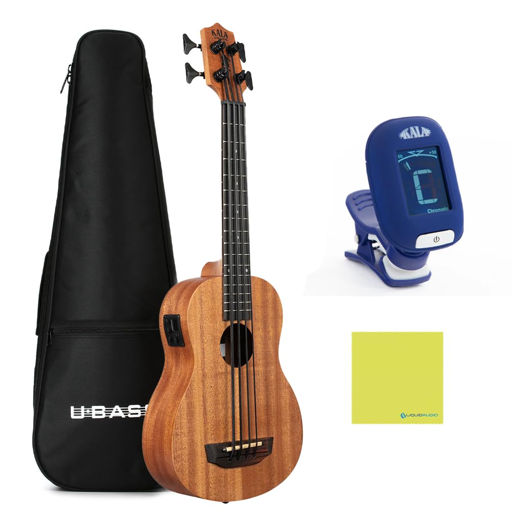 Kala Nomad Acoustic Electric UBASS Bundle with Kala Klipz Tuner in Blue and Liquid Audio Instrument Polishing Cloth