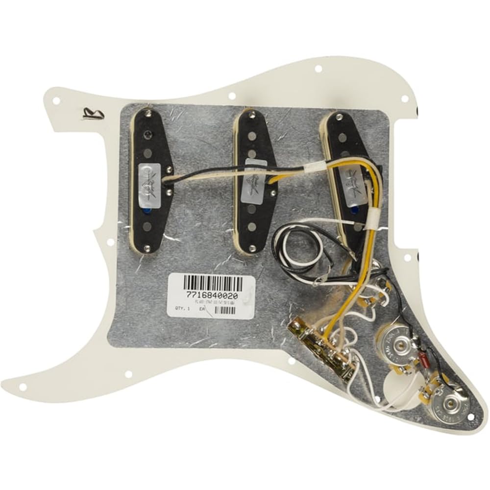 Fender Pre-Wired Strat® Pickguard, Custom Shop Fat 50's SSS, Parchment - 0992340509 Bundle w/ 12-Pack Guitar Pick and Liquid Audio Polishing Cloth