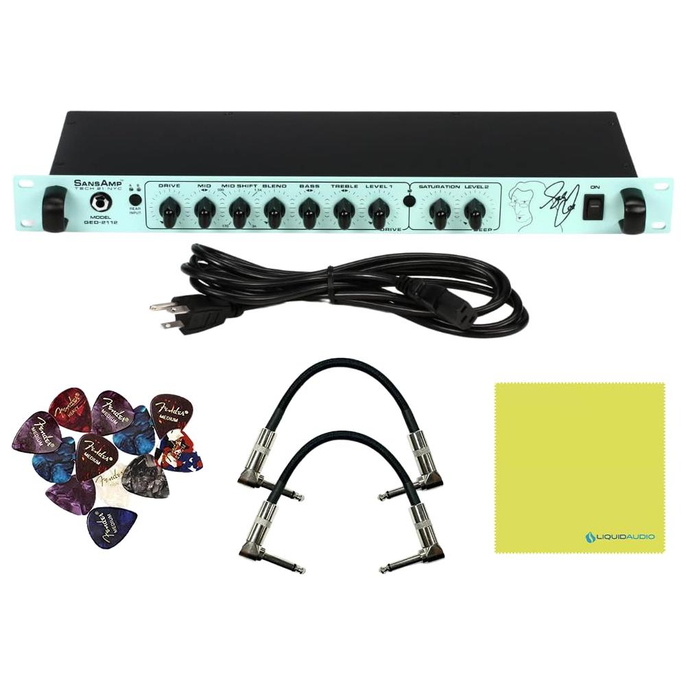 Tech 21 GED-2112 Geddy Lee Signature SansAmp Bundle w/ 2x Strukture S6P48 Woven Right Angle Patch Cables, 12x Fender Picks and Liquid Audio Polishing Cloth