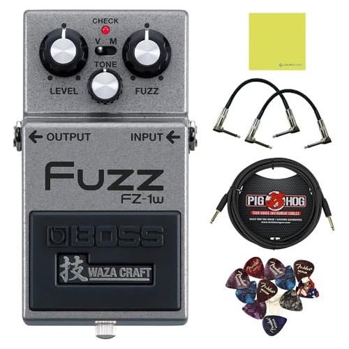 Boss FZ-1W Fuzz Pedal Bundle w/ 2-Pack Strukture S6P48 Woven Right Angle Patch Cable, Pig Hog PCH10BK "Black Woven" Instrument Cable, 12-Pack Guitar Pick and Liquid Audio Polishing Cloth