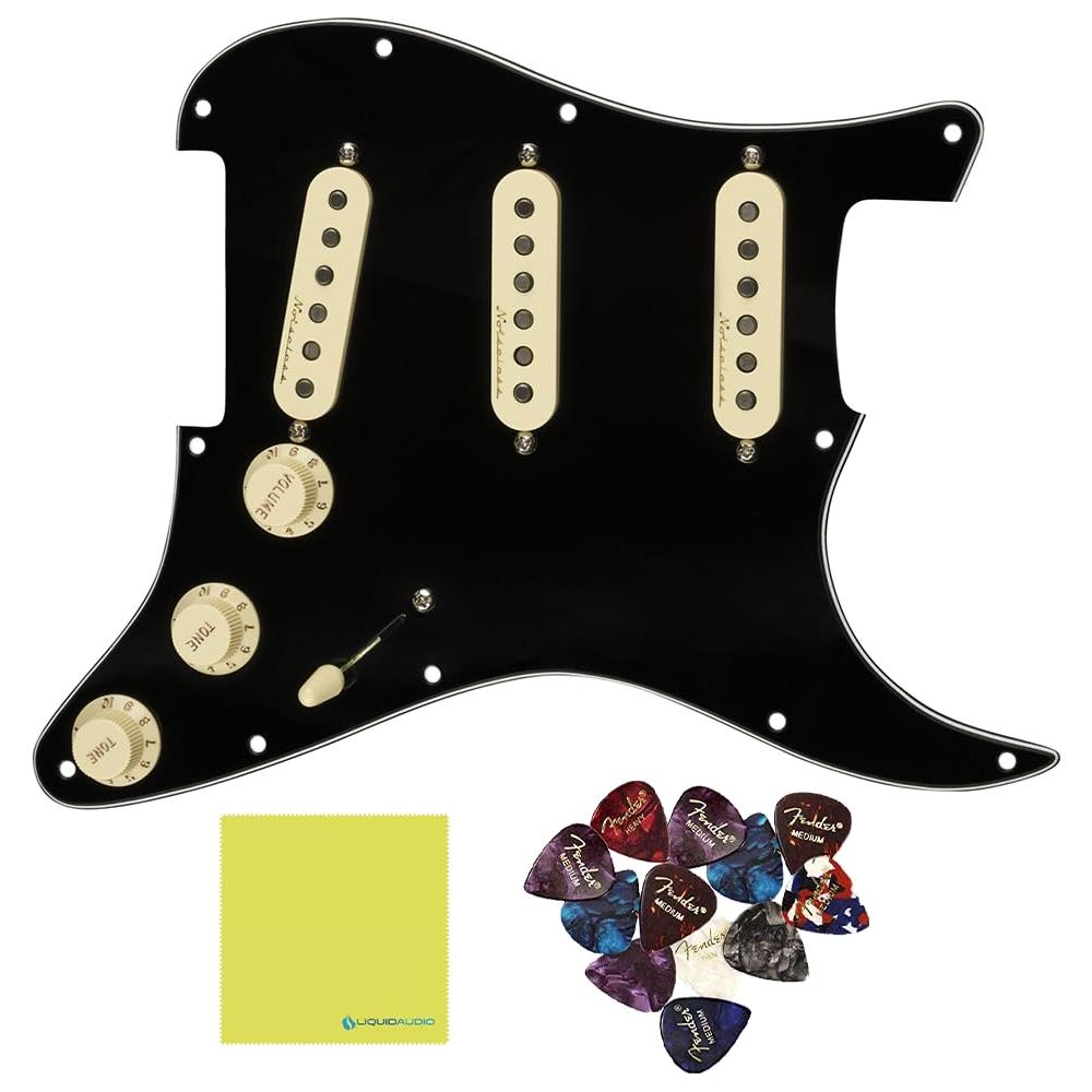 Fender Pre-Wired Strat® Pickguard, Vintage Noiseless SSS, Black Bundle w/ 12x Guitar Picks, and Liquid Audio Polishing Cloth