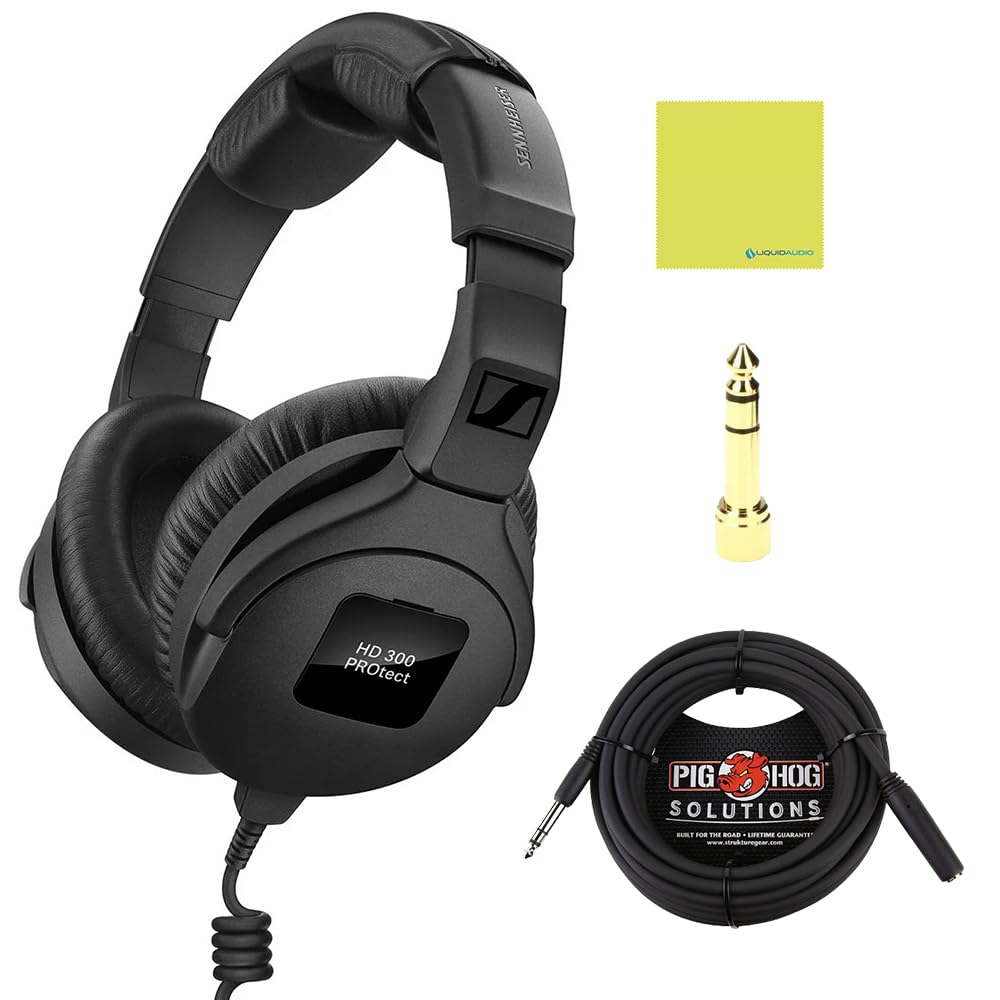 Liquid Audio Sennheiser HD 300 PROtect Professional Closed-back Audio Headphones, Black Bundle w/Pig Hog PHX14-25 1/4