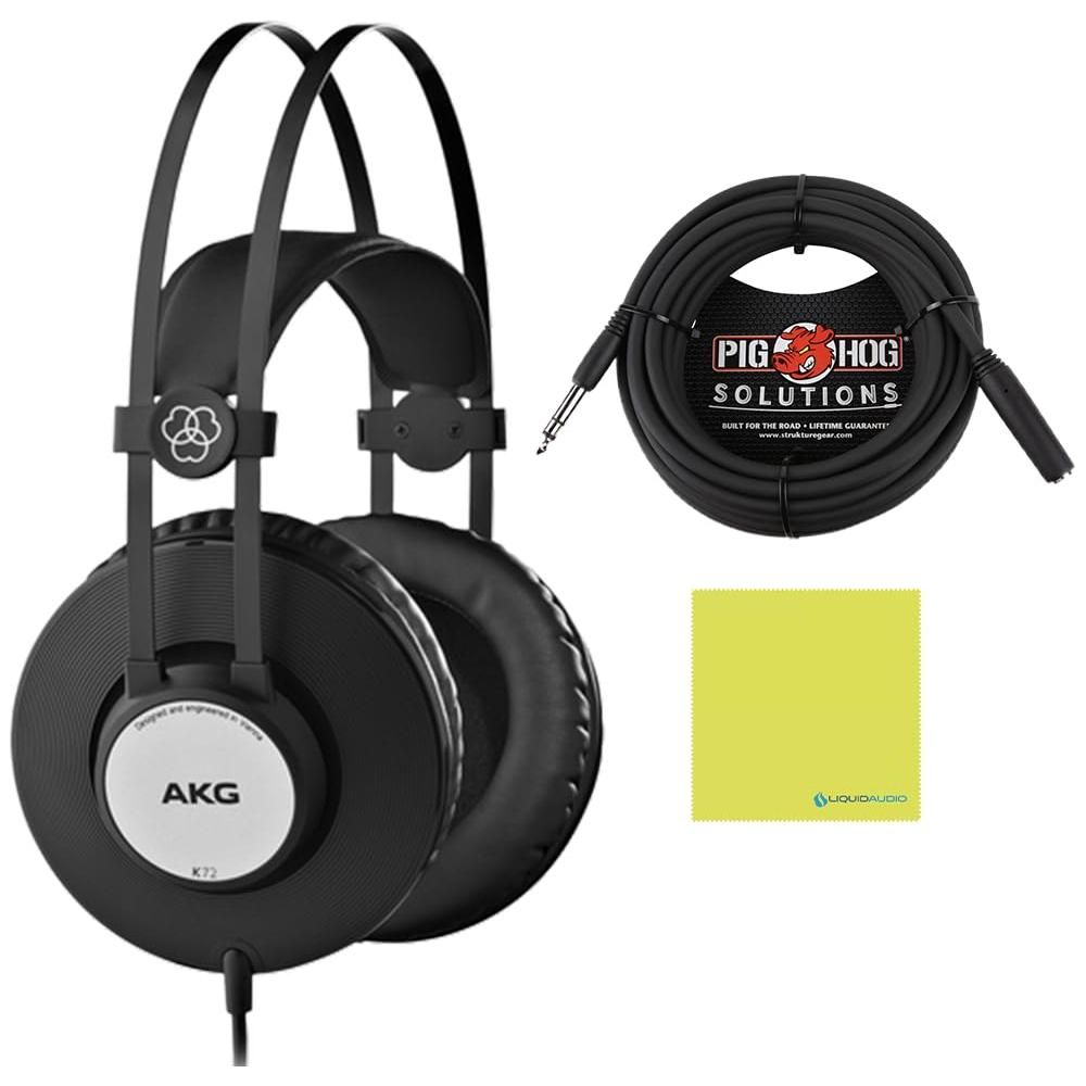 Liquid Audio AKG K72 Closed-Back Studio Headphones Bundle w/Pig Hog PHX14-25 Headphone Extension Cable, 1/4" Polishing Cloth