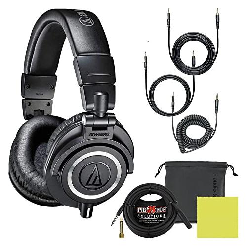 Audio Technica ATH-M50X Professional Studio Monitor Headphones Black Bundle w/Pig hog 25 Extension Cable & Liquid Polishing Cloth with Detachable Cable