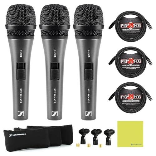 Liquid Audio Sennheiser 3-Pack E 835-S Live Vocal Microphone, Black Bundle w/ 3-Pack Pig Hog PHM10 8mm Mic XLR Cable Polishing Cloth