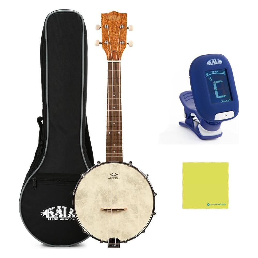 Kala Natural Mahogany Banjo Concert Ukulele with Bag, KA-BNJ-MHG-C Bundle w/Kala KKBL Klipz Tuner in Blue and Liquid Audio Polishing Cloth