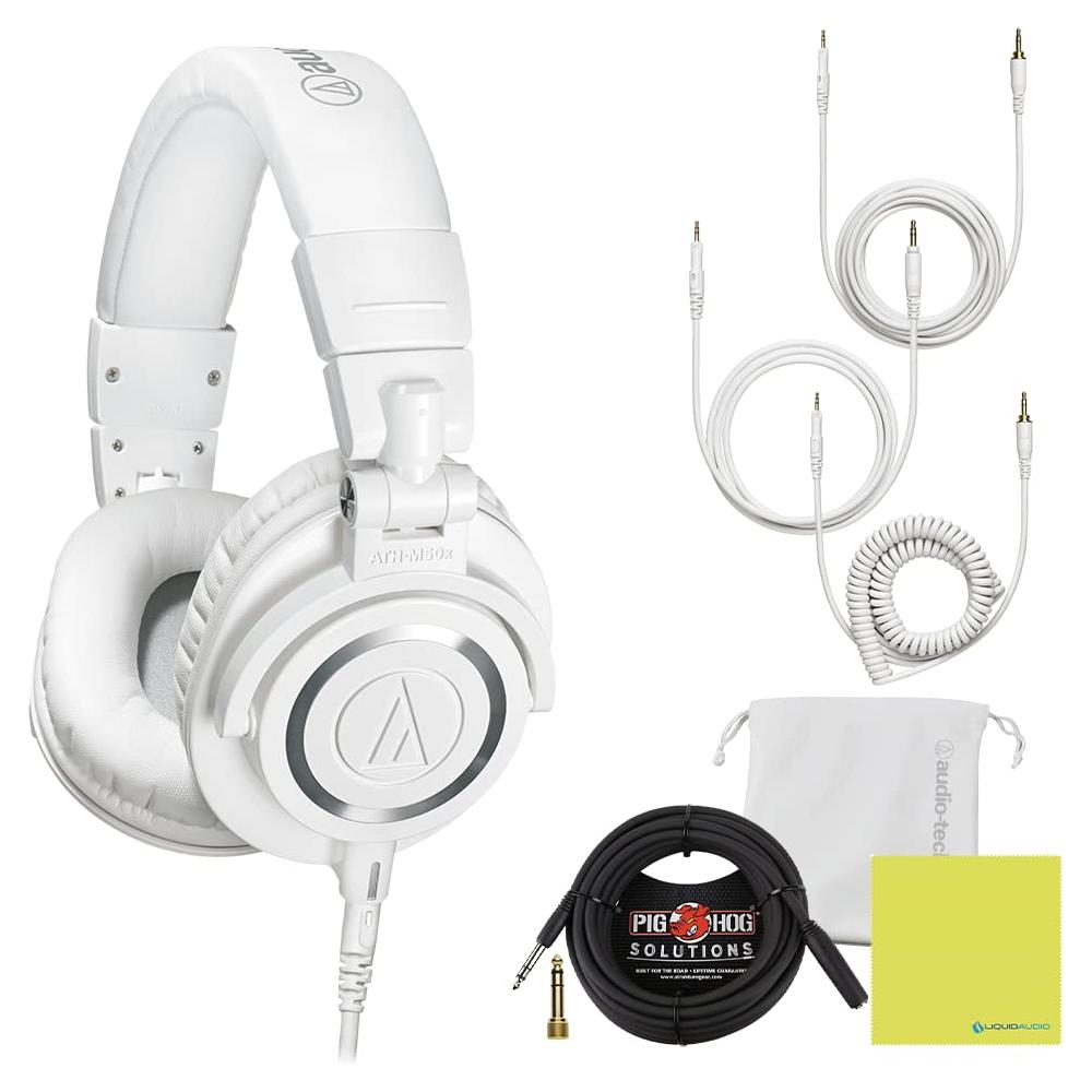 Audio Technica ATH-M50XWH Professional Studio Monitor Headphones White Bundle w/Pig hog 25 Extension Cable & Liquid Audio Polishing Cloth with Detachable Cable