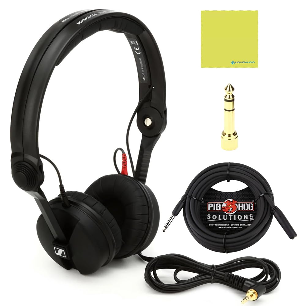 Liquid Audio Sennheiser HD 25 On-Ear DJ Headphones, Black Bundle w/Pig Hog PHX14-25 1/4" Headphone Extension Cable Polishing Cloth