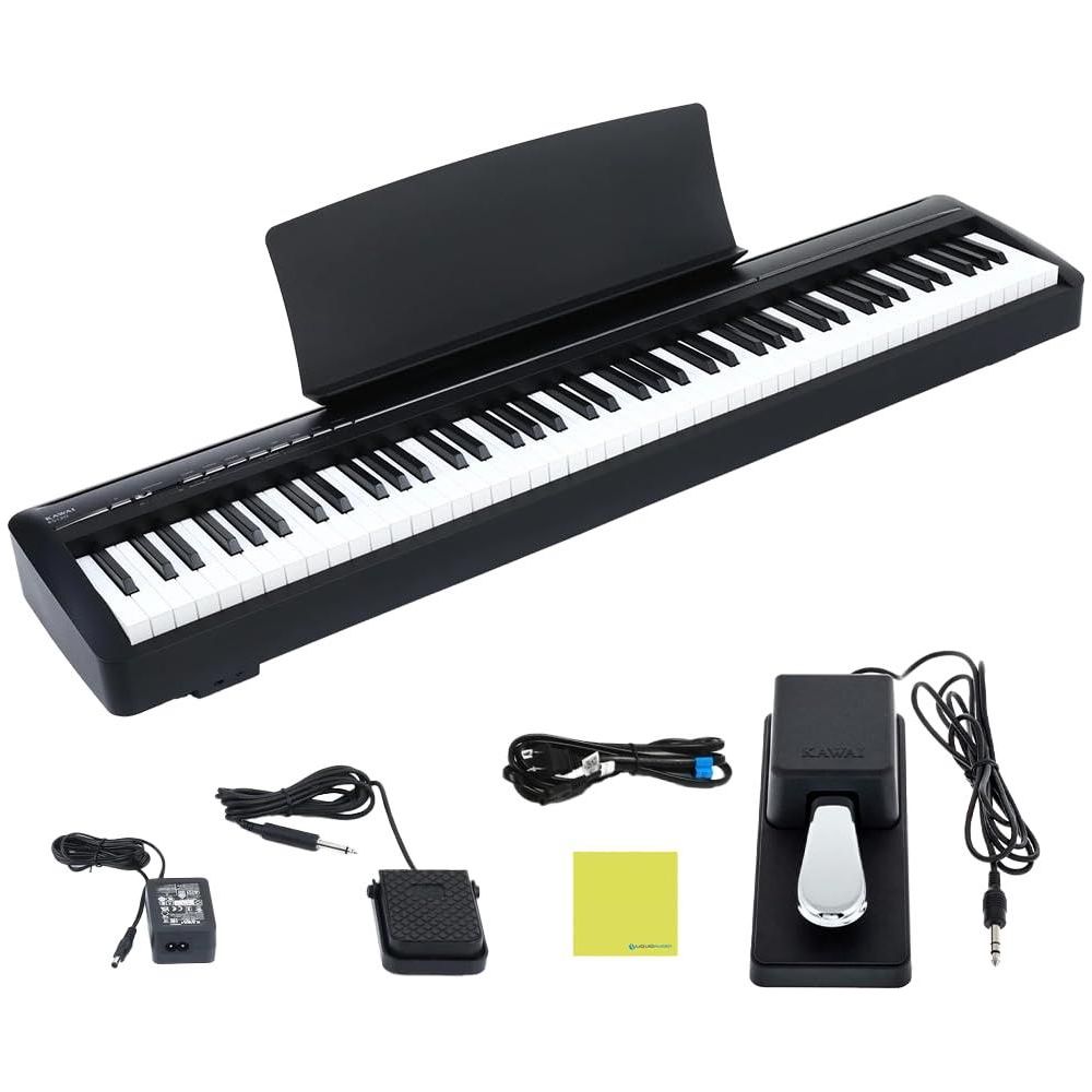 Kawai ES120 88-Key Portable Digital Piano, Stylish Black Bundle with Kawai F-10H Damper Pedal and Liquid Audio Polishing Cloth