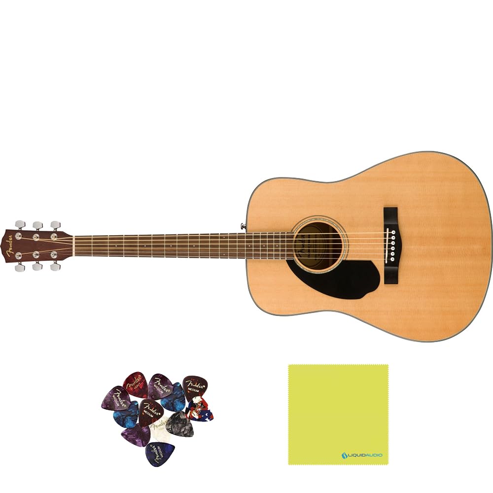 Fender CD-60S Dreadnought LH, Natural WN - 0970115021 Bundle w/ 12-Pack Guitar Pick and Liquid Audio Polishing Cloth