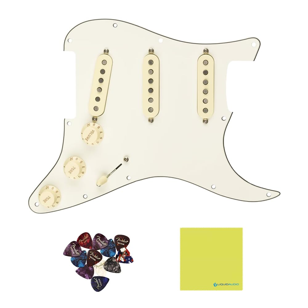 Fender Pre-Wired Strat® Pickguard, Custom Shop Fat 50's SSS, Parchment - 0992340509 Bundle w/ 12-Pack Guitar Pick and Liquid Audio Polishing Cloth