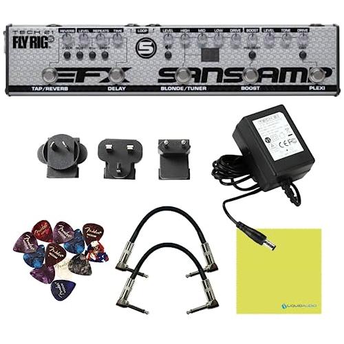 Tech 21 FL5-V2 Fly Rig 5 V2 Multi-Effects Pedal XLR Output Bundle w/ 2x Strukture S6P48 Woven Right Angle Patch Cables, 12x Fender Picks and Liquid Audio Polishing Cloth