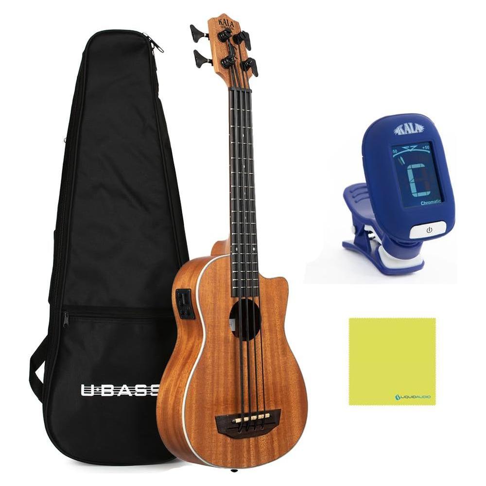 Kala Scout Fretted Acoustic-Electric U•BASS®, UBASS-SCOUT-FS Bundle w/Kala KKBL Klipz Tuner in Blue and Liquid Audio Polishing Cloth