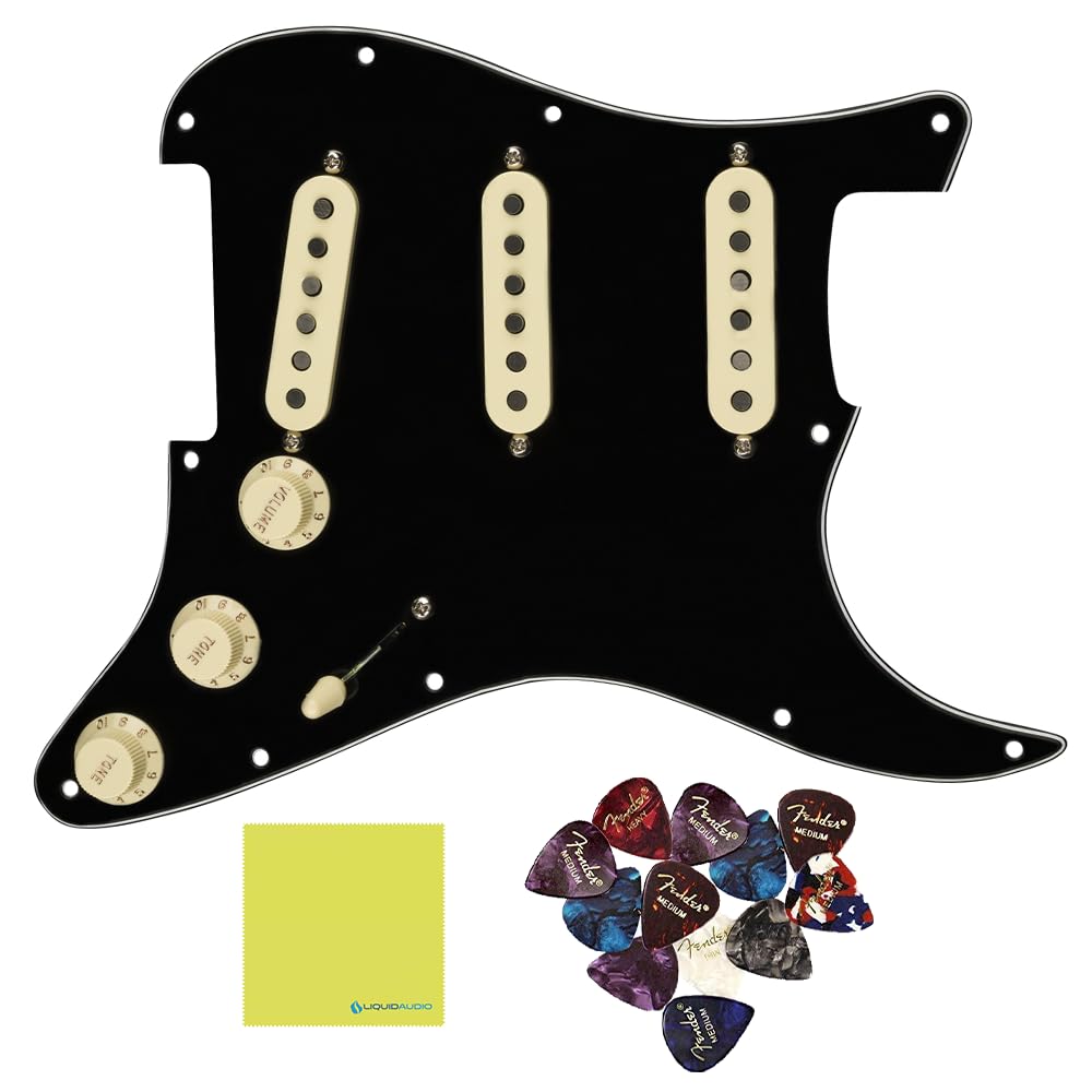 Fender Pre-Wired Strat® Pickguard, Tex-Mex SSS, Black - 0992343506 Bundle w/ 12-Pack Guitar Pick and Liquid Audio Polishing Cloth