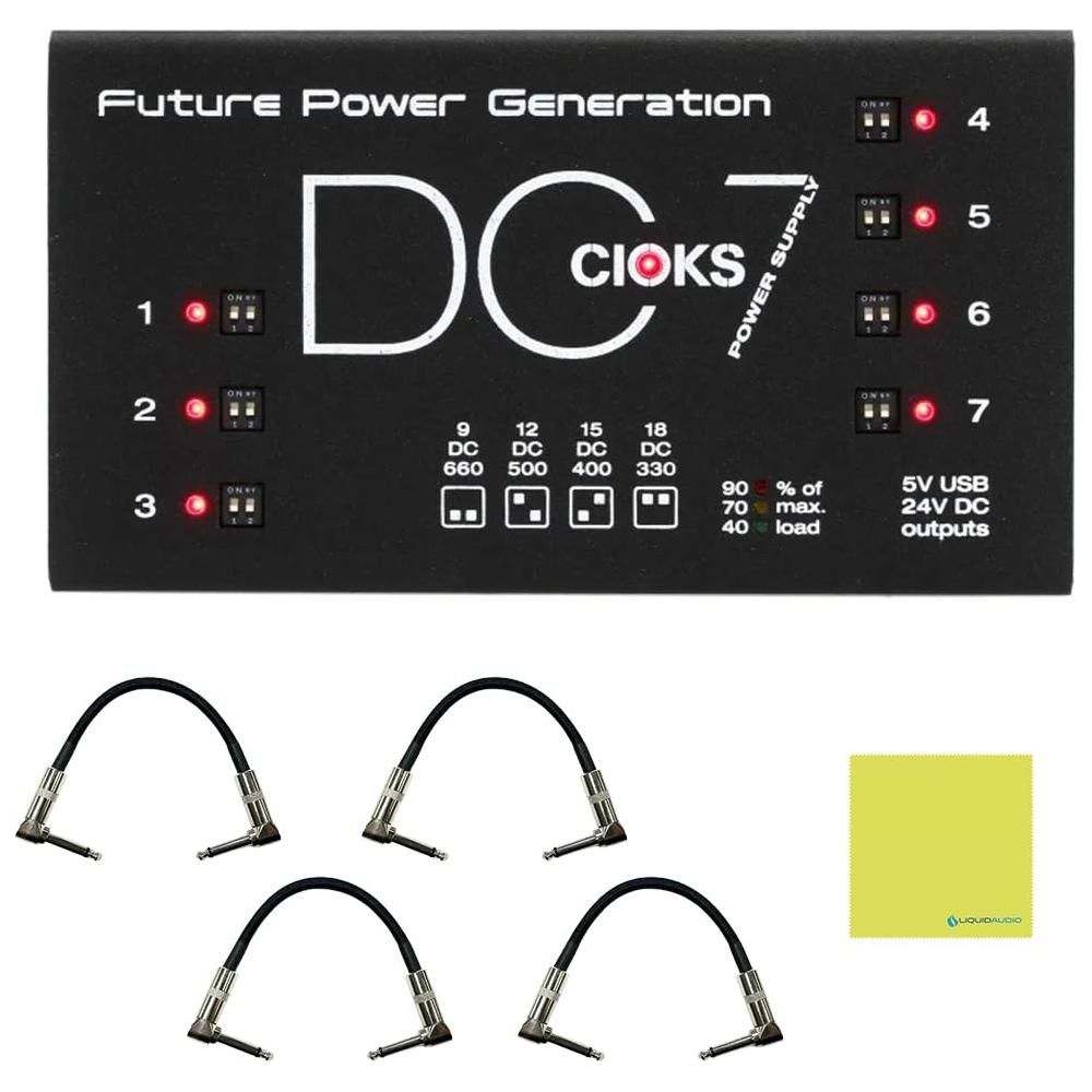 CIOKS Pedal Power Supply Bundle with 4X Strukture S6P48 Woven Right Angle Patch Cables and Liquid Audio Polishing Cloth - DC7 Isolated DC Outlets Power Supply