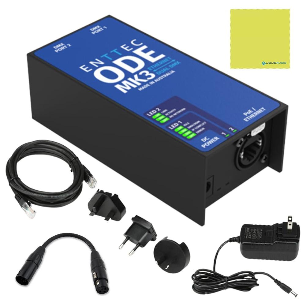 Enttec 70407 ODE MK3 Two-Universe Bidirectional DMX Ethernet Gateway Bundle w/DMX Adapter 5 Pin(M) to 3 Pin(F) XLR and Liquid Audio Polishing Cloth