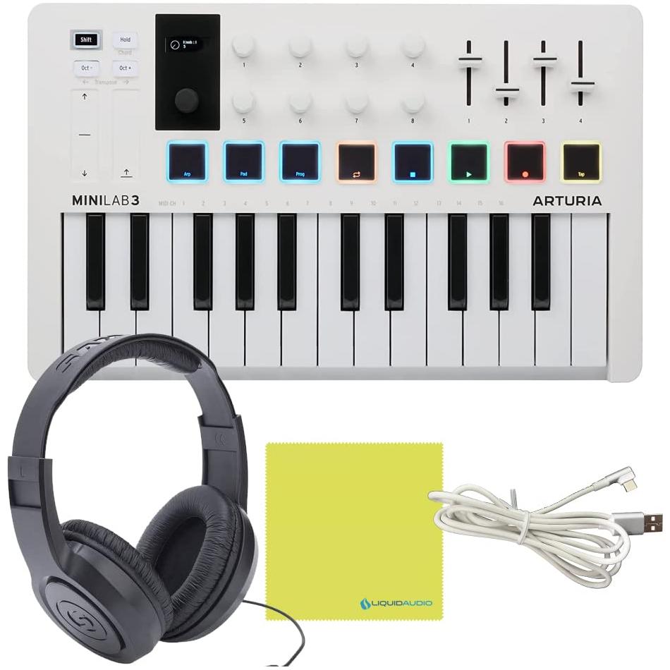 Arturia MiniLab 3 MIDI Keyboard Controller Bundle with Samson Headphones SR350 Over Ear, USB Cable & Polishing Cloth - 25 Key MIDI Keyboard for Recording Studio Equipment, Software Included (WHITE)