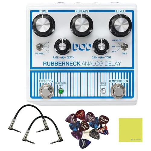 DigiTech Rubberneck Analog Delay Effect Pedal Bundle w/ 2-Pack Strukture S6P48 Woven Right Angle Patch Cable, 12-Pack Guitar Pick and Liquid Audio Polishing Cloth