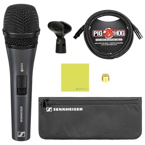 Liquid Audio Sennheiser E 835-S Cardioid Dynamic Vocal Microphone Bundle w/Pig Hog PHM10 8mm Mic Cable Polishing Cloth