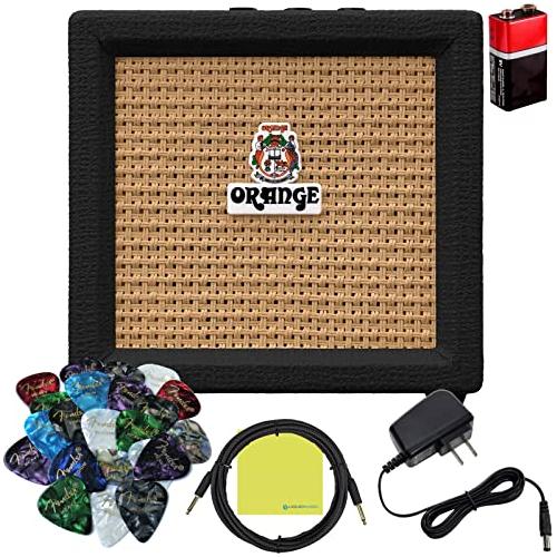 Liquid Audio Orange Amps Crush Mini 3W Guitar Combo Amp Bundle w Power Adapter, Pig Hog Instrument Cable, 24 Picks, Battery Polishing Cloth