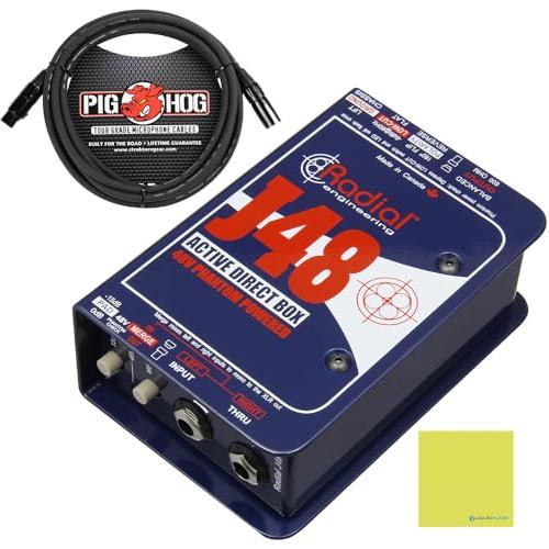 Radial Engineering J48 Premium Phantom Powered Active Direct Box Bundle w/Pig Hog PHM10 8mm 10ft XLR Mic Cable and Liquid Audio Polishing Cloth