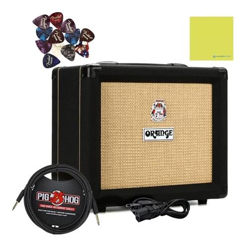 Orange Crush20 Black 20 Watt Guitar Amplifier Combo Bundle w/Pig Hog PCH10BK Black Woven Instrument Cable, 12X Guitar Picks and Liquid Audio Polishing Cloth