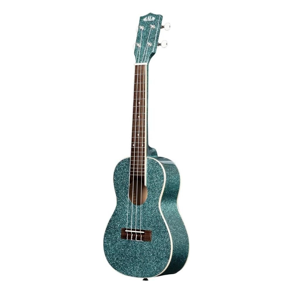 Kala Rhapsody in Blue Sparkle Concert Ukulele, KA-SPRK-AQUA Bundle w/Kala KKBL Klipz Tuner in Blue and Liquid Audio Polishing Cloth