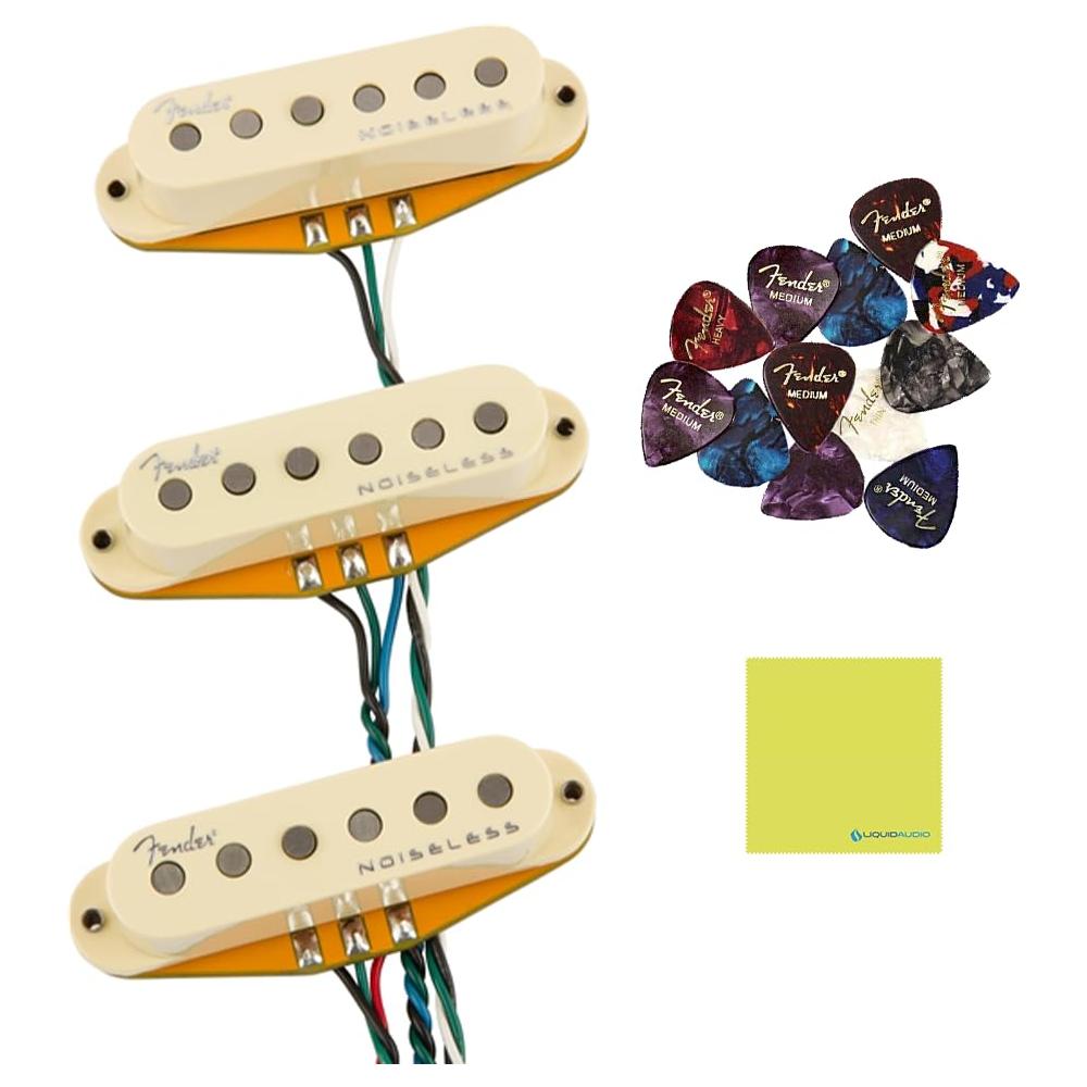 Fender Noiseless Stratocaster Pickups Set Bundle with 12x Fender Guitar Picks and Liquid Audio Instrument Polishing Cloth - Gen 4 Noiseless, Guitar Pickups Single Coil