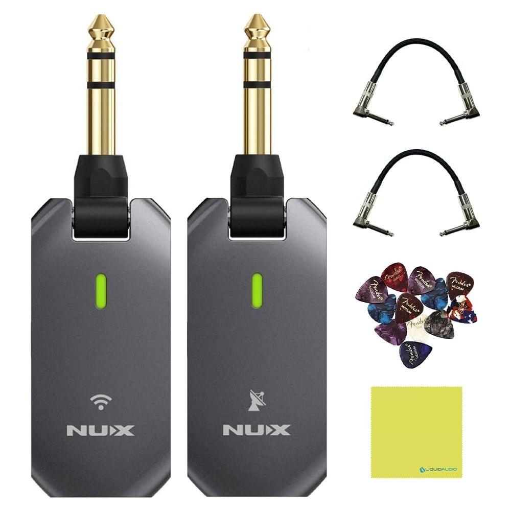 Liquid Audio NUX C-5RC 5.8GHz Wireless Guitar System for Active or Passive Pickup Guitar with Charging Case Bundle w/ 2X Strukture S6P48 Woven Right Angle Patch Cables, 12x Picks Polishing Cloth