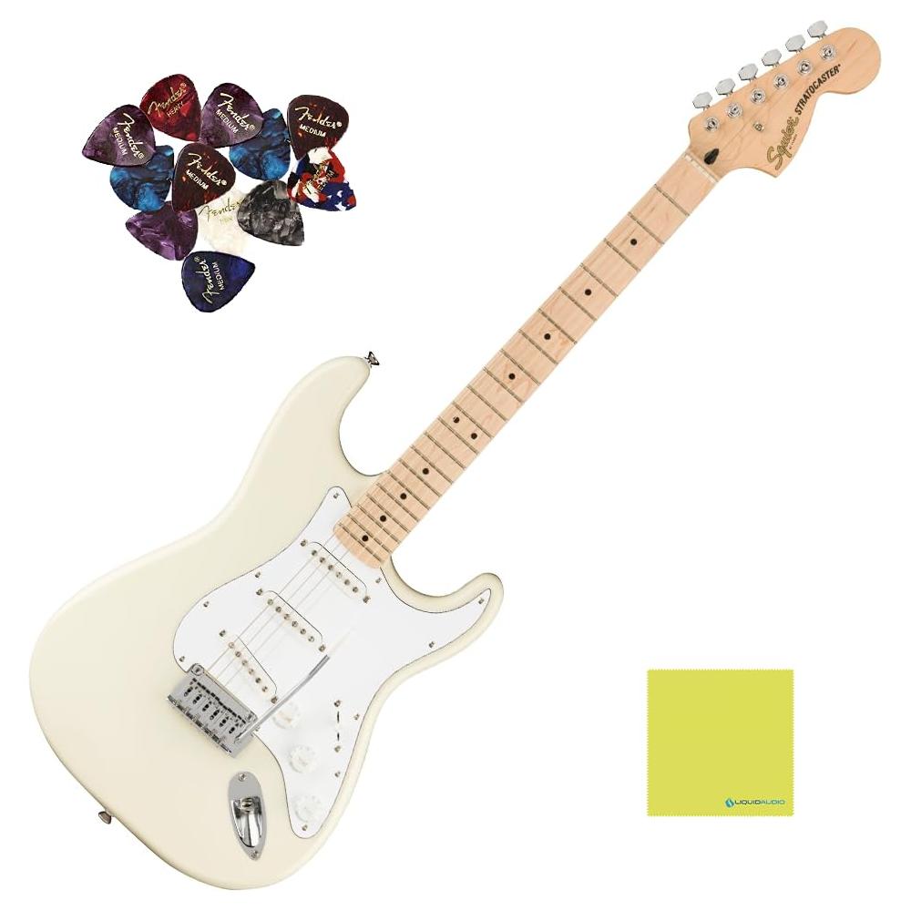 Fender Affinity Series™ Stratocaster®, Maple Fingerboard, Olympic White, 0378002505 Bundle w/12-Pack Guitar Picks and Liquid Audio Polishing Cloth