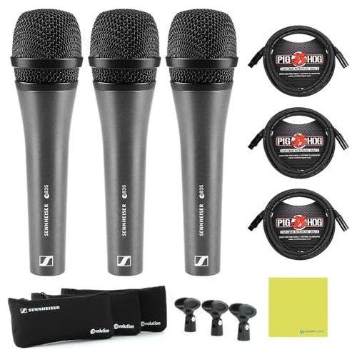 Liquid Audio Sennheiser 3-Pack E 835 Dynamic Cardioid Microphone, Black Bundle w/ 3-Pack Pig Hog PHM10 8mm Mic XLR Cable Polishing Cloth