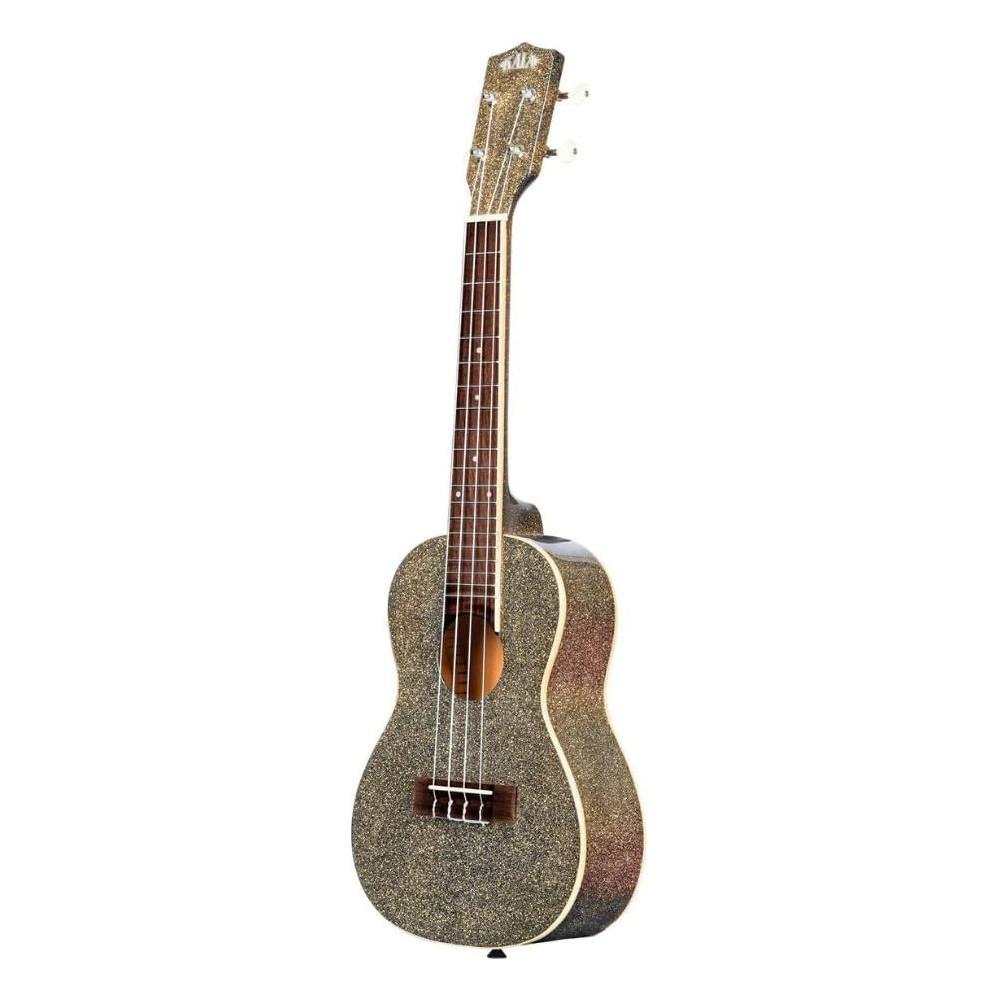 Kala Stardust Gold Sparkle Concert Ukulele, KA-SPRK-GOLD Bundle w/Kala KKBL Klipz Tuner in Blue and Liquid Audio Polishing Cloth