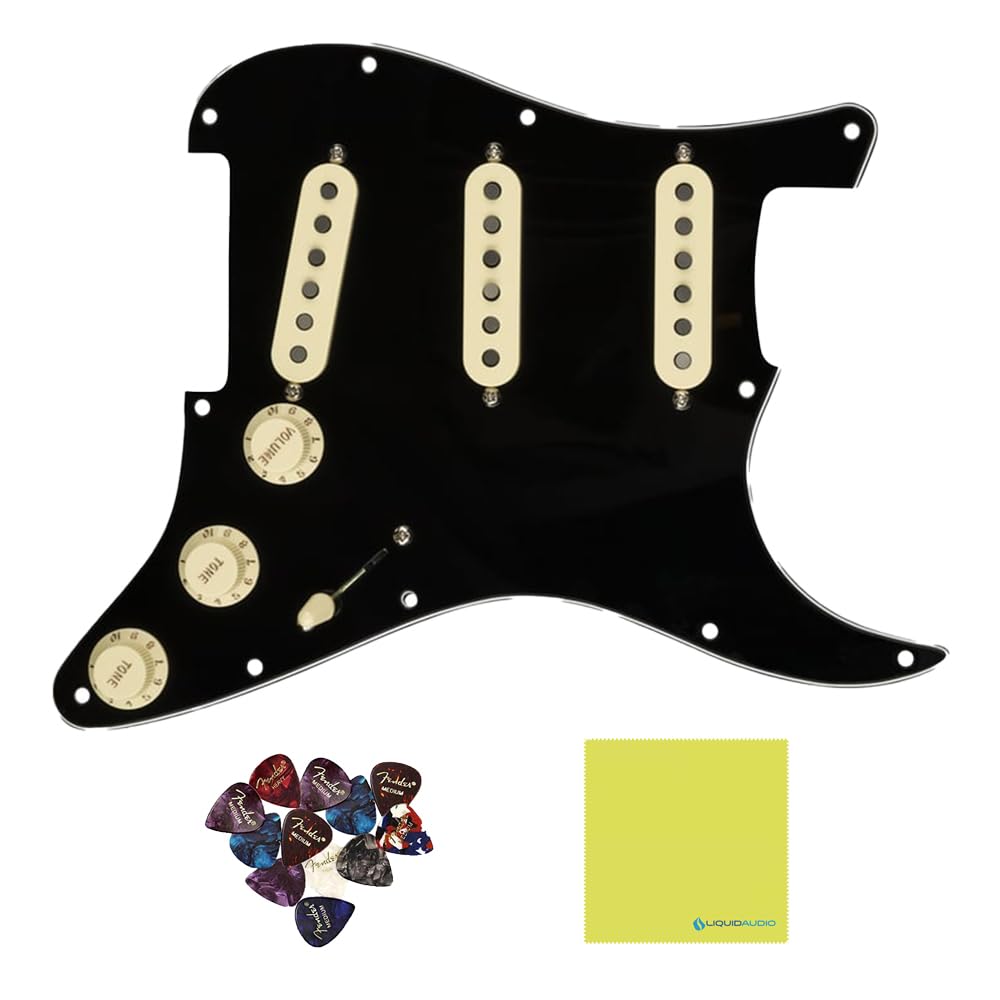 Fender Pre-Wired Strat® Pickguard, Custom Shop Fat 50's SSS, Black - 0992340506 Bundle w/ 12-Pack Guitar Pick and Liquid Audio Polishing Cloth