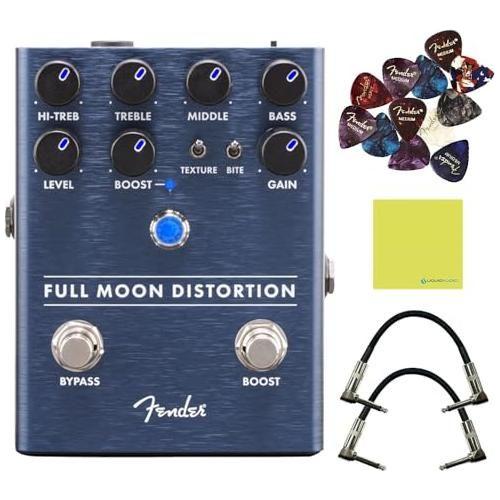 Fender Full Moon Distortion Effects Pedal, Boost and Gain Bundle w/2x Strukture S6P48 Woven Right Angle Patch Cables, 12x Guitar Picks and Liquid Audio Polishing Cloth