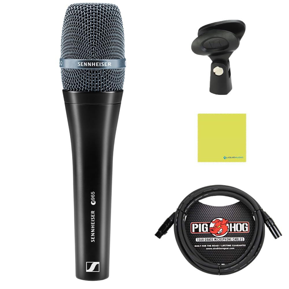 Liquid Audio - Sennheiser E 965 Condenser Handheld Vocal Microphone Bundle w/Pig Hog PHM10 8mm Mic Cable Polishing Cloth