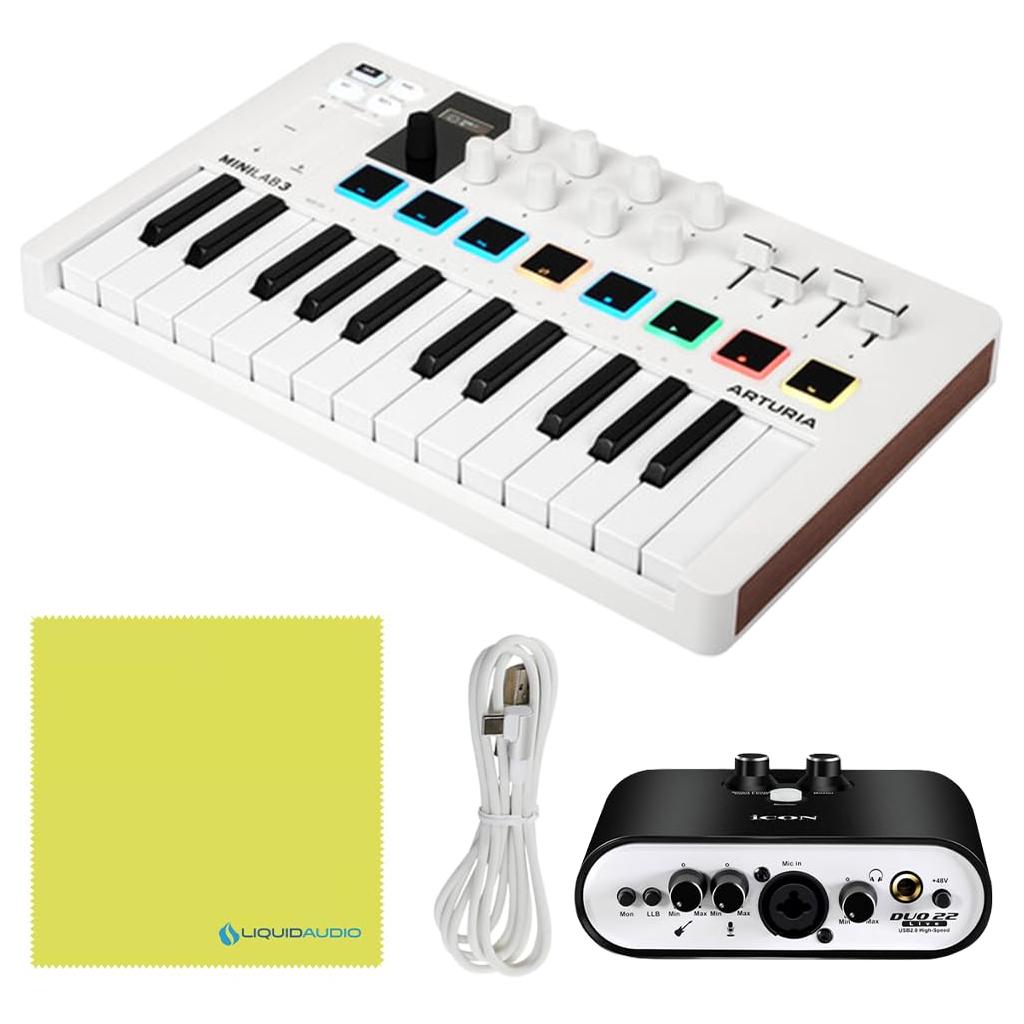 Arturia MiniLab 3 MIDI Keyboard Controller Bundle with Icon Duo22 Live USB Audio Interface, USB Cable & Polishing Cloth - 25 Key MIDI Keyboard for Recording Studio Equipment, Software Included (WHITE)