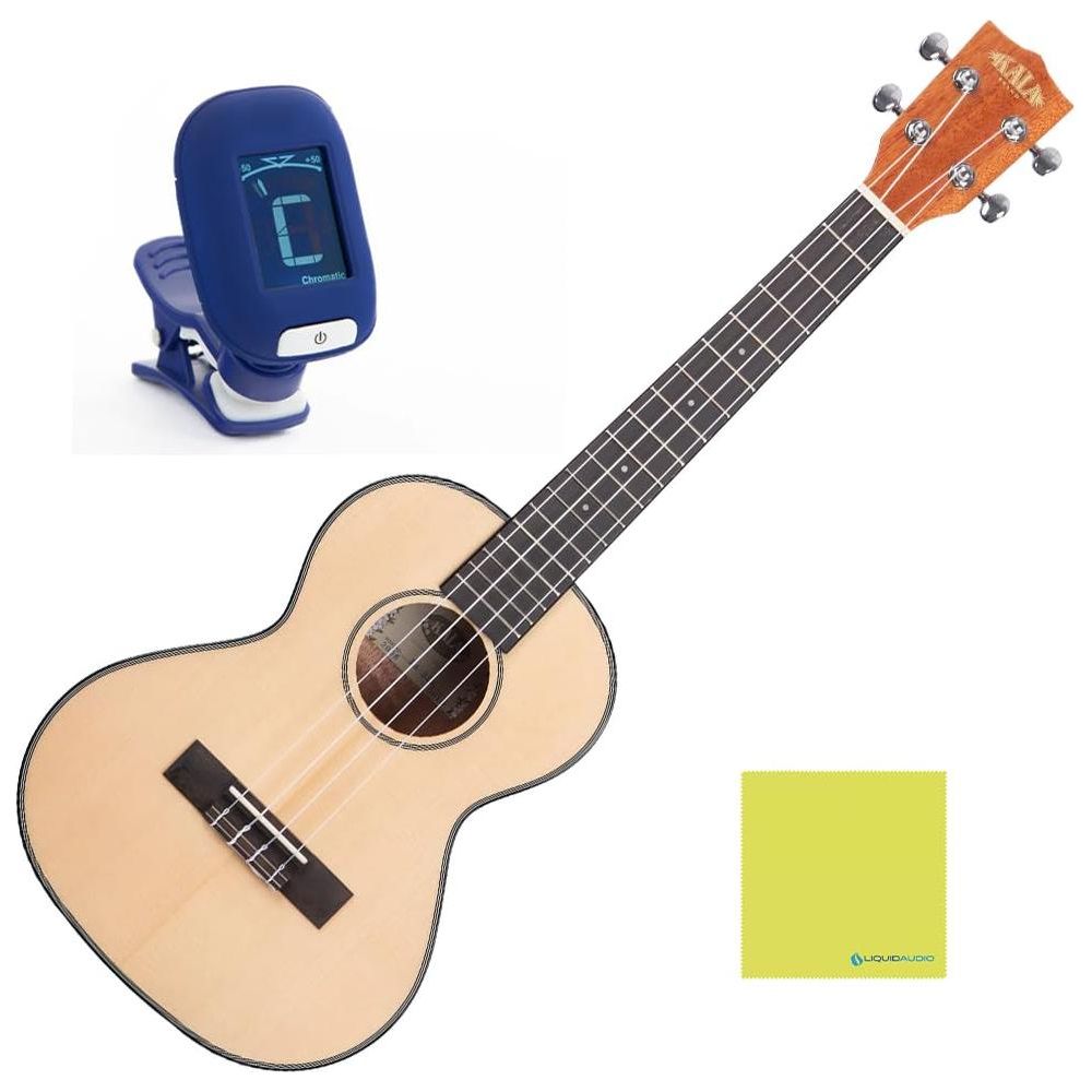 Kala Ukulele, Solid Spruce Top Mahogany Tenor Ukulele, Bundle with Kala Klipz Tuner in Blue and Liquid Audio Instrument Polishing Cloth - Solid Spruce Ukulele KA-STG