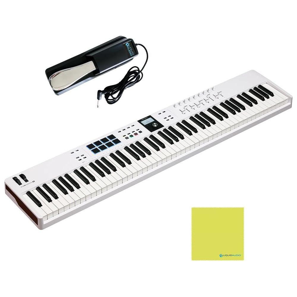 Arturia KeyLab Essential 88 mk3 Full-size Universal Midi Controller, White Bundle w/Deluxe Sustain Pedal & Liquid Audio Polishing Cloth