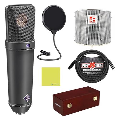 Liquid Audio Neumann U 87 AI MT Large-diaphragm Condenser Studio Mic, Matte Black Bundle w/s E Electronics RF Reflexion Filter Pro, Pig Hog 8mm Mic Cable, Pop Filter Polishing Cloth