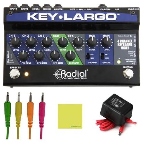 Radial Engineering Key-Largo Keyboard Mixer, USB Interface and Performance Pedal Bundle with Pig Hog 4X Neon Mono Patch Cables and Liquid Audio Polishing Cloth