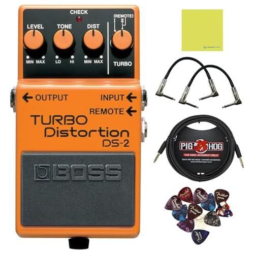 Boss DS-2 Turbo Distortion Pedal Bundle w/ 2-Pack Strukture S6P48 Woven Right Angle Patch Cable, Pig Hog PCH10BK "Black Woven" Instrument Cable, 12-Pack Guitar Pick and Liquid Audio Polishing Cloth