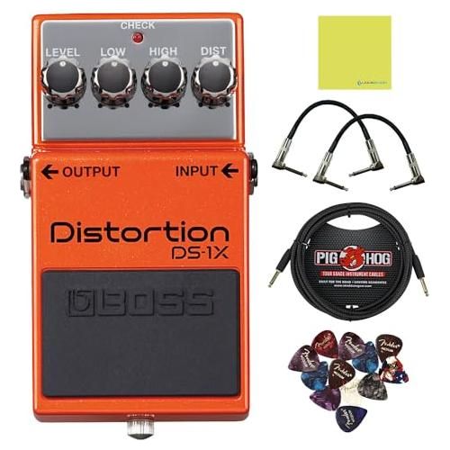 Boss DS-1X Distortion Pedal Bundle w/ 2-Pack Strukture S6P48 Woven Right Angle Patch Cable, Pig Hog PCH10BK 