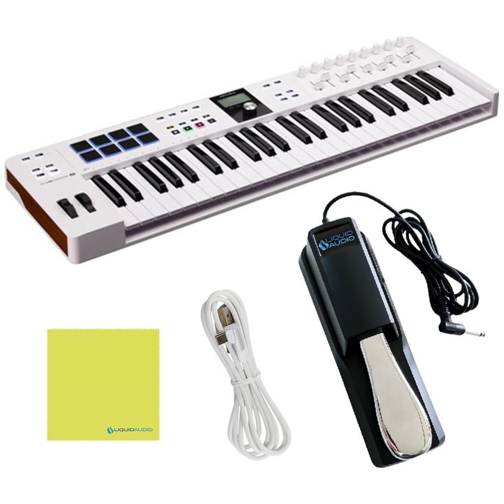 Arturia KeyLab Essential 49 mk3 MIDI Controller Bundle w/Deluxe Sustain Pedal, USB Cable & Liquid Audio Polishing Cloth (White)