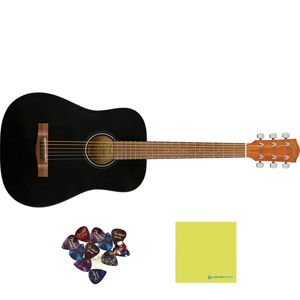 Fender FA-15 3/4 Steel Acoustic Guitar, Walnut Fingerboard, Black - 0971170106 Bundle w/ 12-Pack Guitar Pick and Liquid Audio Polishing Cloth