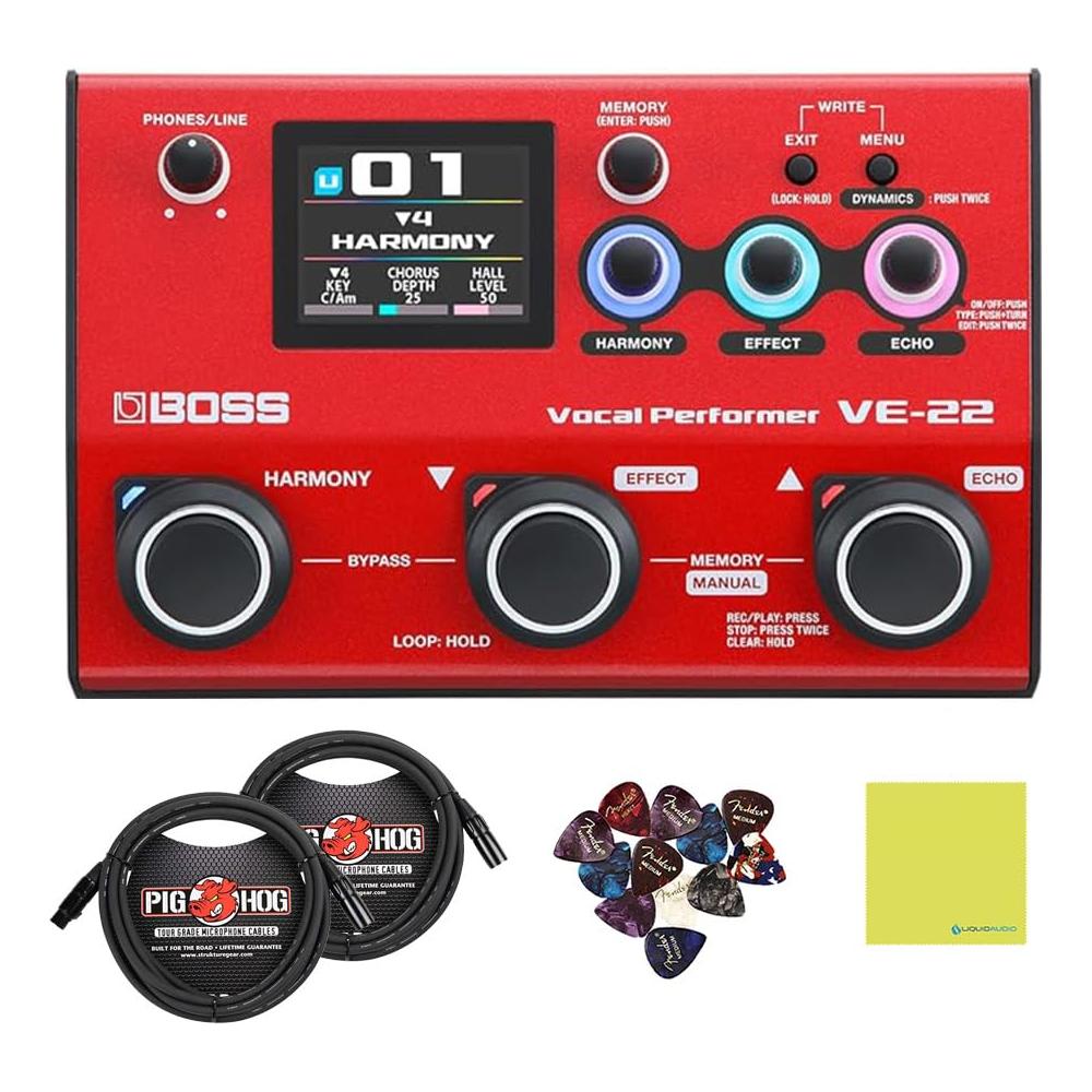 Boss VE-22 Vocal Performer Bundle w/ 2-Pack Pig Hog PHM10 8mm Mic Cable, 12-Pack Guitar Pick and Liquid Audio Polishing Cloth