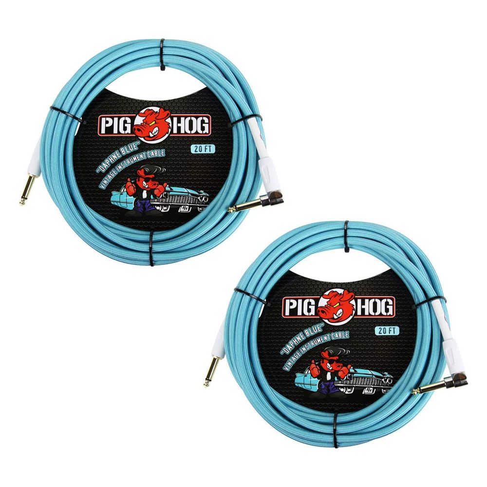 Pig Hog Vintage-Series Woven Instrument Cable (Daphne Blue, 20', Right Angle), 2-Pieces Bundle