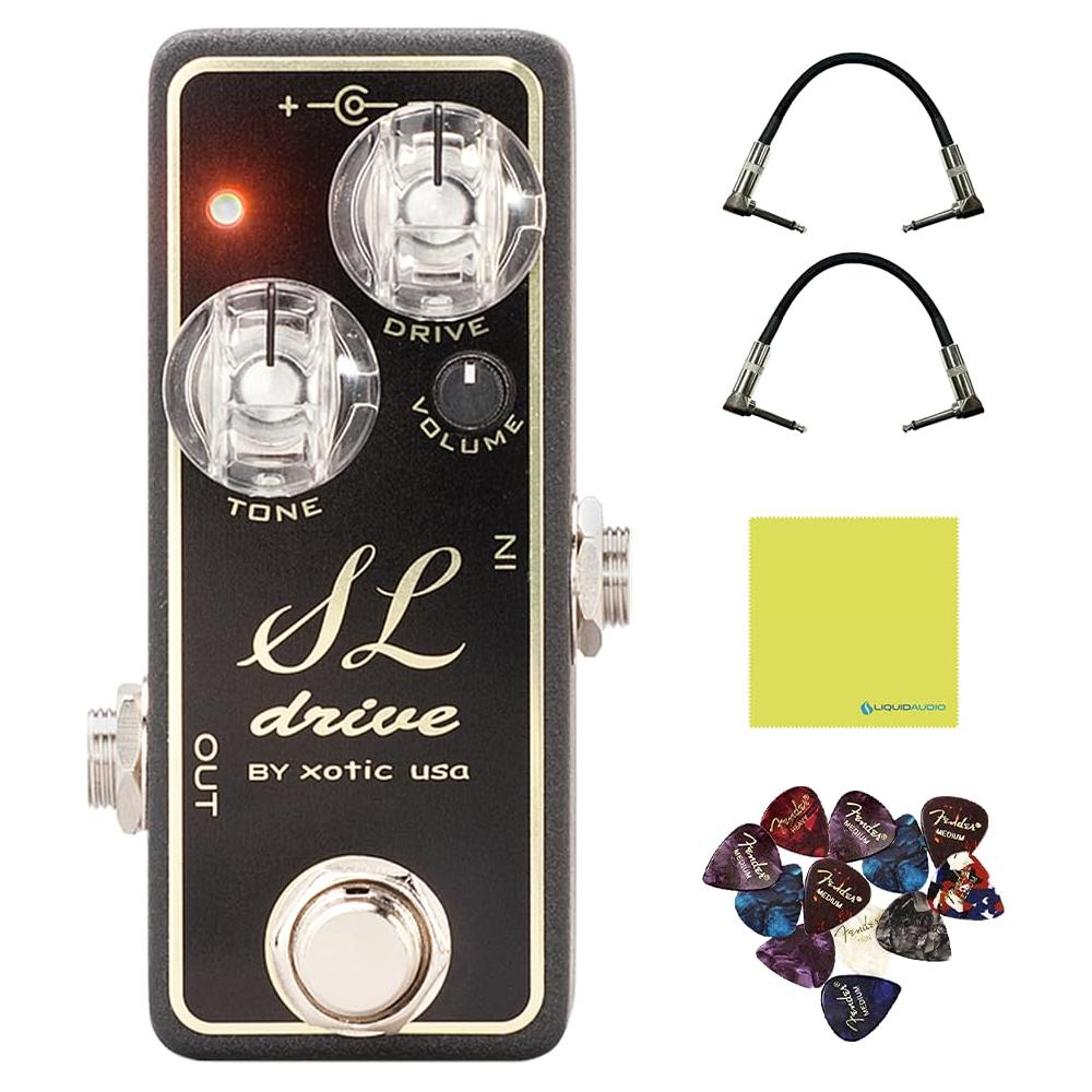 XOTIC SL Drive Mini Overdrive Pedal Bundle w/ 2-Pack Strukture S6P48 Woven Right Angle Patch Cable, 12-Pack Guitar Pick and Liquid Audio Polishing Cloth