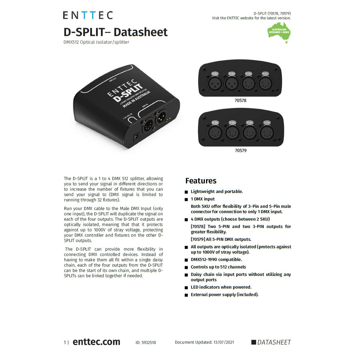 Enttec D-Split 70578 DMX 4 Port Isolated Splitter / Isolator (3/5-Pin)